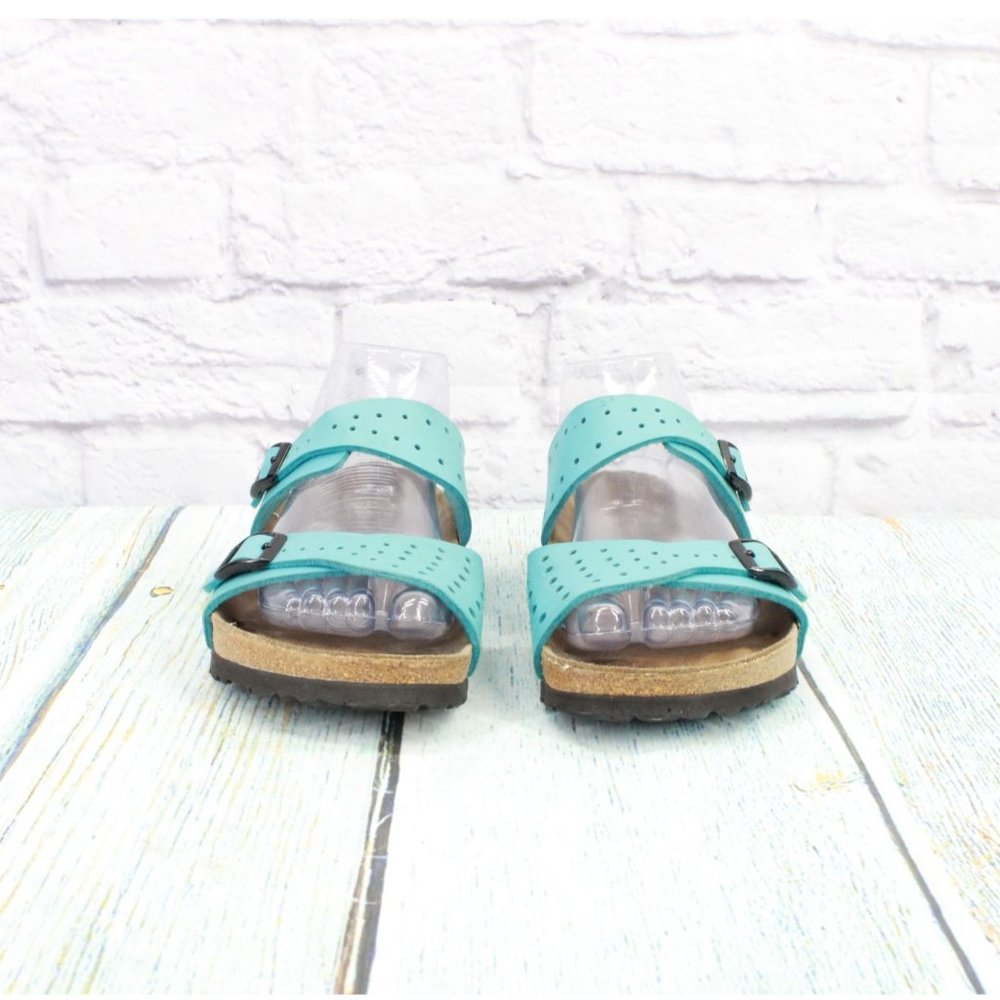 Birkenstock Birki's Freeport Blue Perforated Leather 2 Strap Sandals Size L6 M4 - Picture 4 of 9